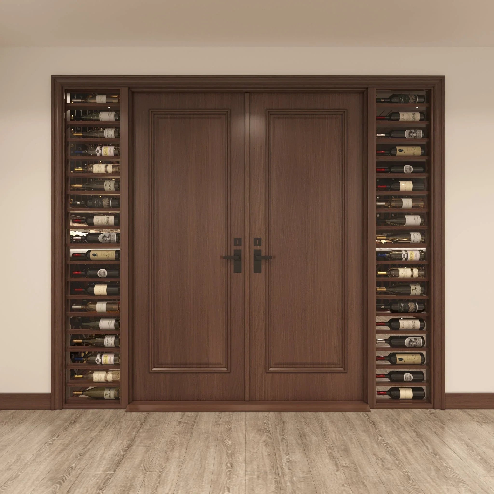 Panel Double Door, Sidelights w/ Horizontal Displays Cherry with Lacquer / IN / LEFT-Cherry with Lacquer / IN / RIGHT-Cherry with Lacquer / OUT / LEFT-Cherry with Lacquer / OUT / RIGHT-Cherry NO Lacquer / IN / LEFT Genuwine Cellars