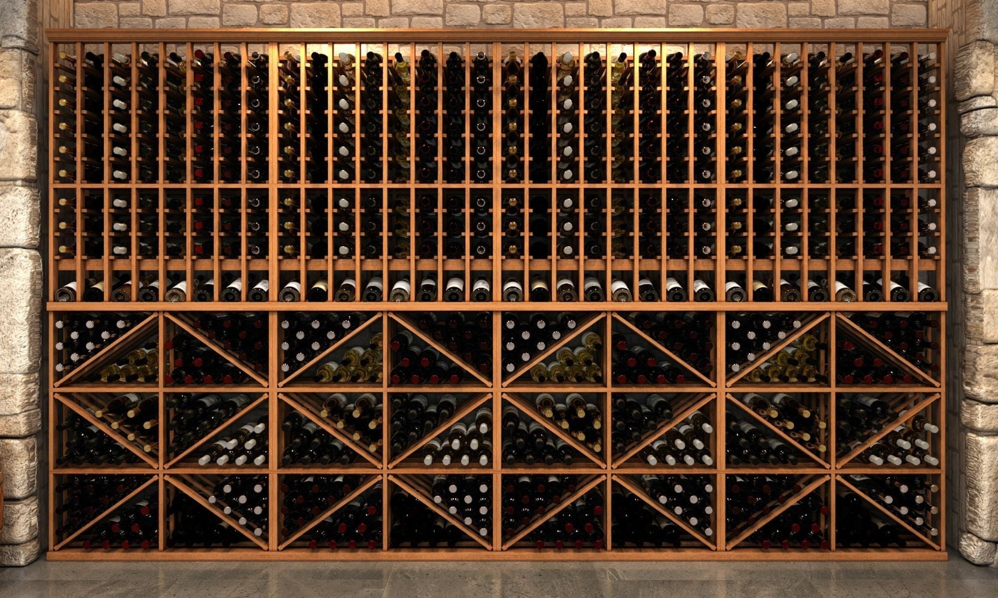 Luxury custom wine cellar with wooden racks and stone walls, filled with wine bottles