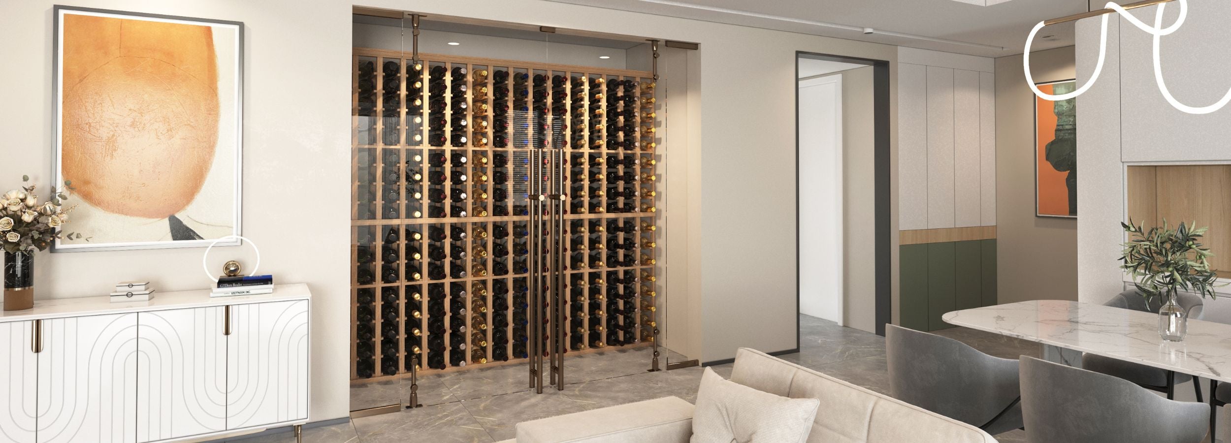 modern wine wall with cooling unit - design by Genuwine Cellars