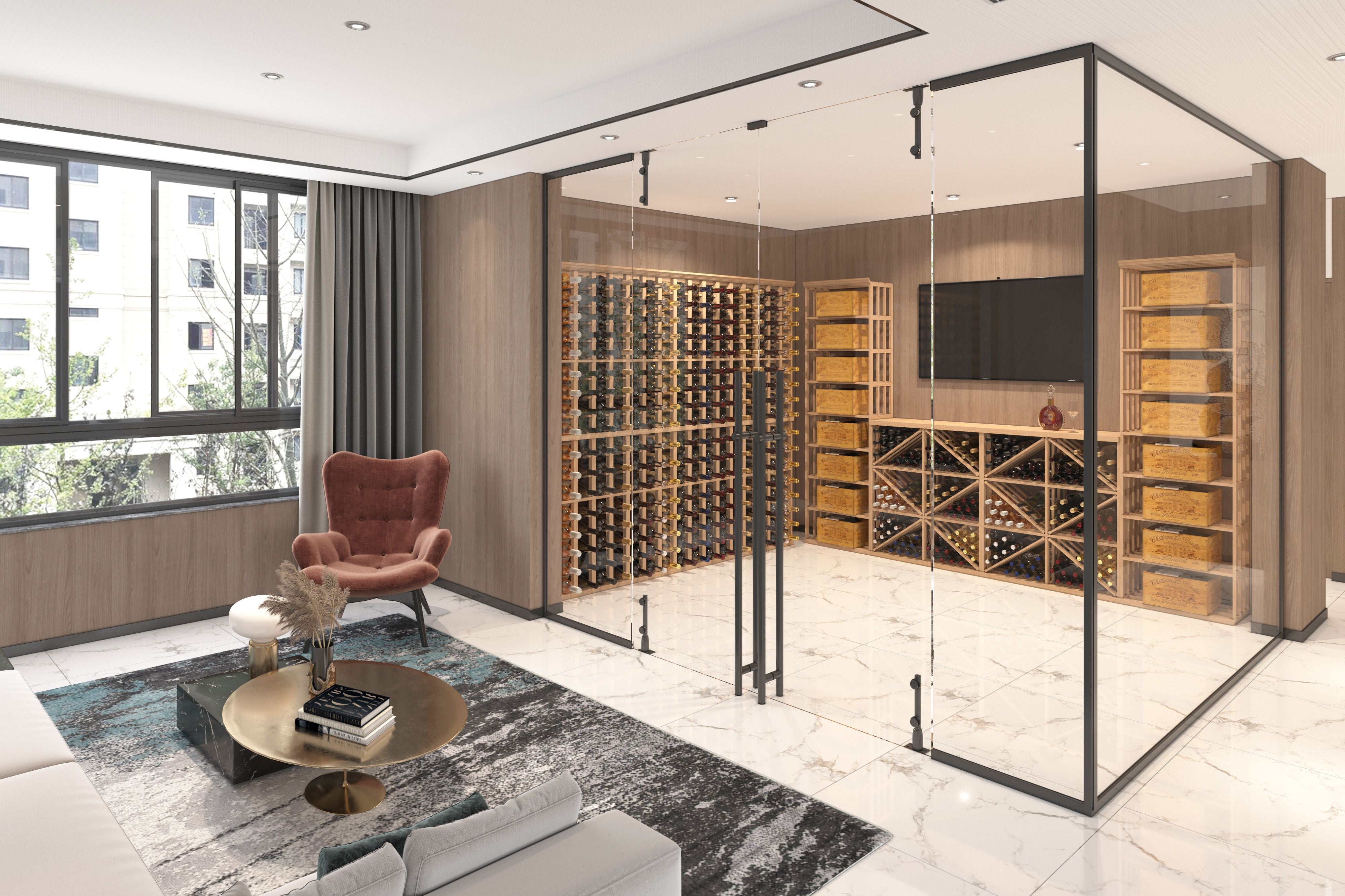 A living room with a wine room fitted with wooden wine racks and storage for wine cases on the background