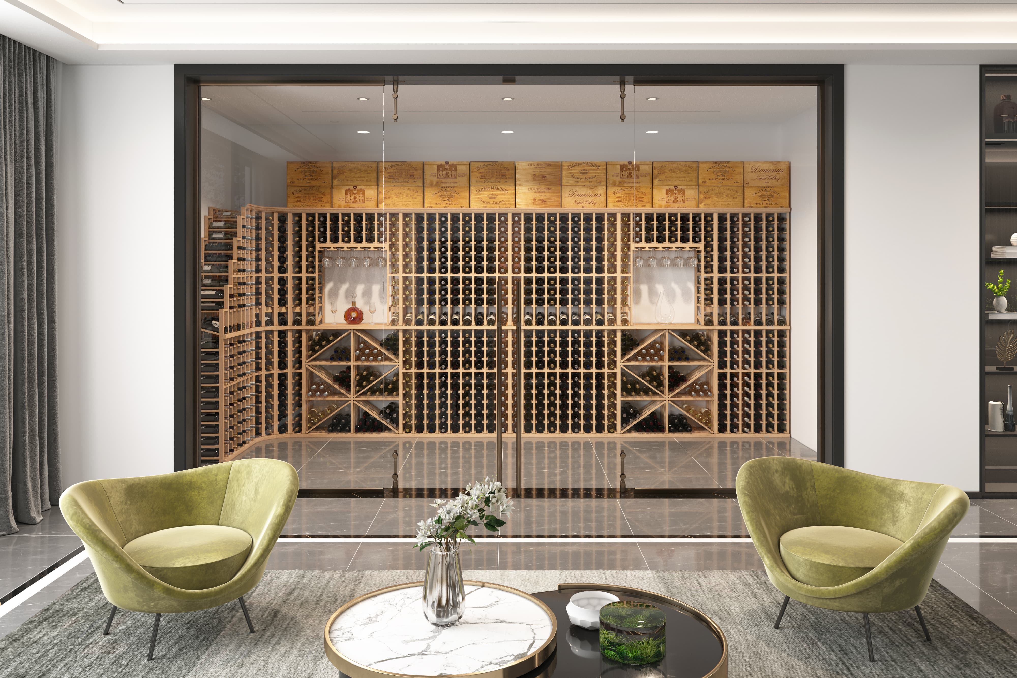 A wine room with wooden wine racks in a living room