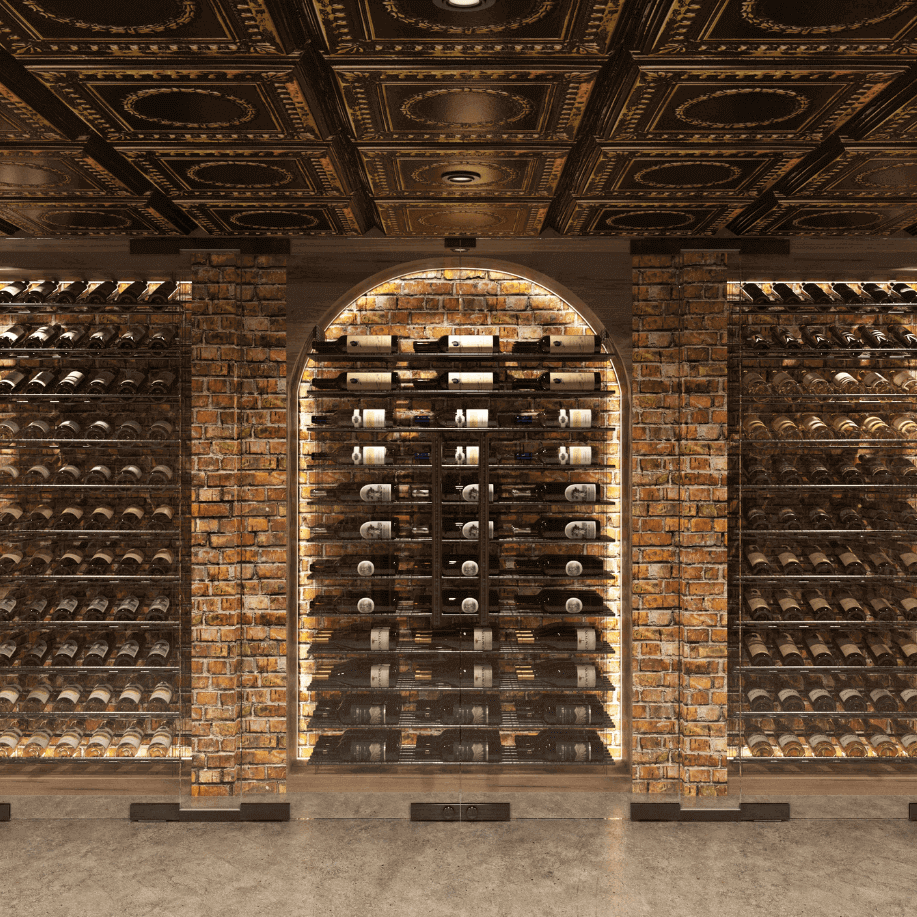  glass enclosed wine cellar with Label Line triple cable wine racks - Genuwine Cellar Reserve