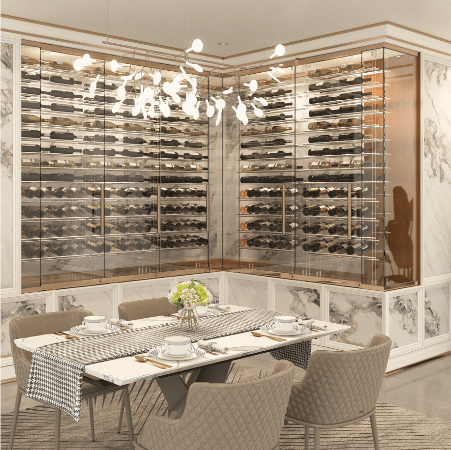 dining room with glass enclosed wall and floating wine racks - Genuwine Cellars Reserve