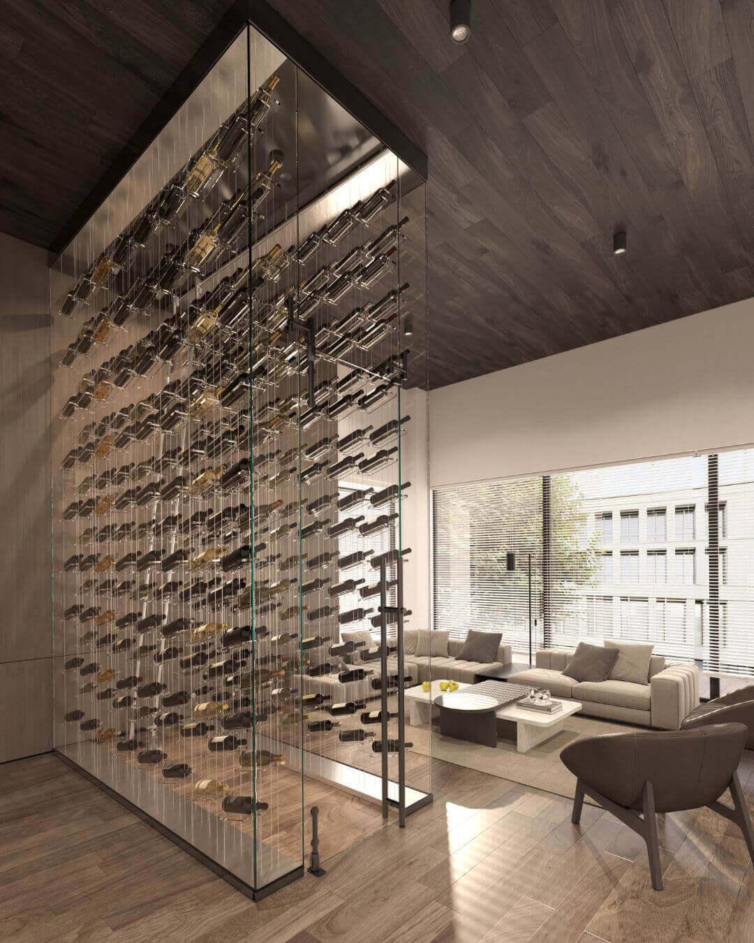 Lumina cable wine display in a floating floor-to-ceiling configuration with a minimalist silver finish and airplane-grade steel cables.