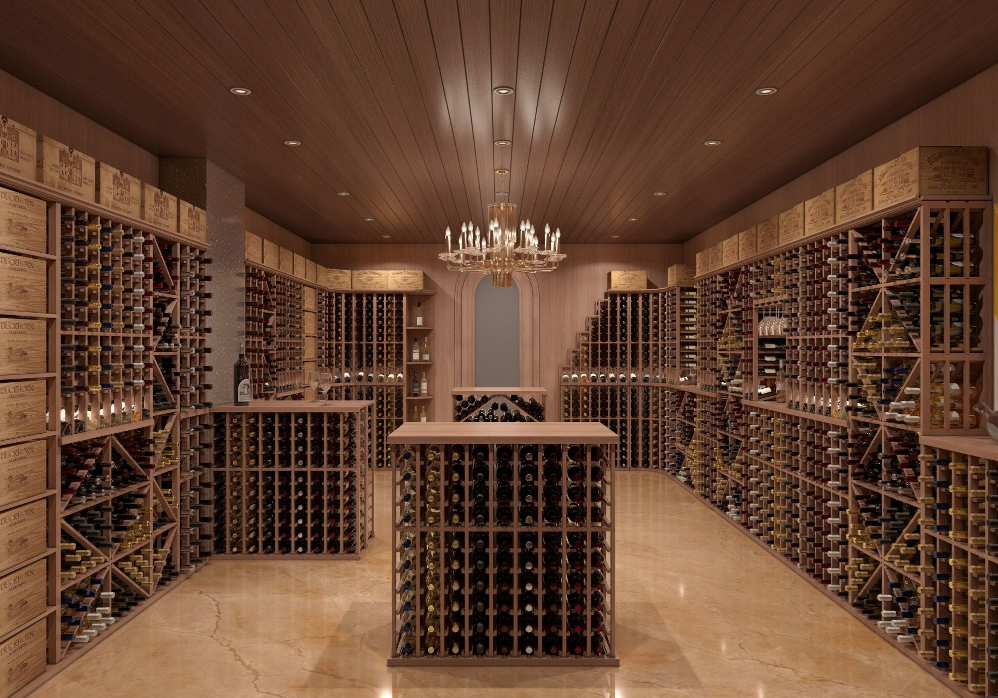 Wine cellar with wood modular wine racking by Genuwine Cellars Reserve