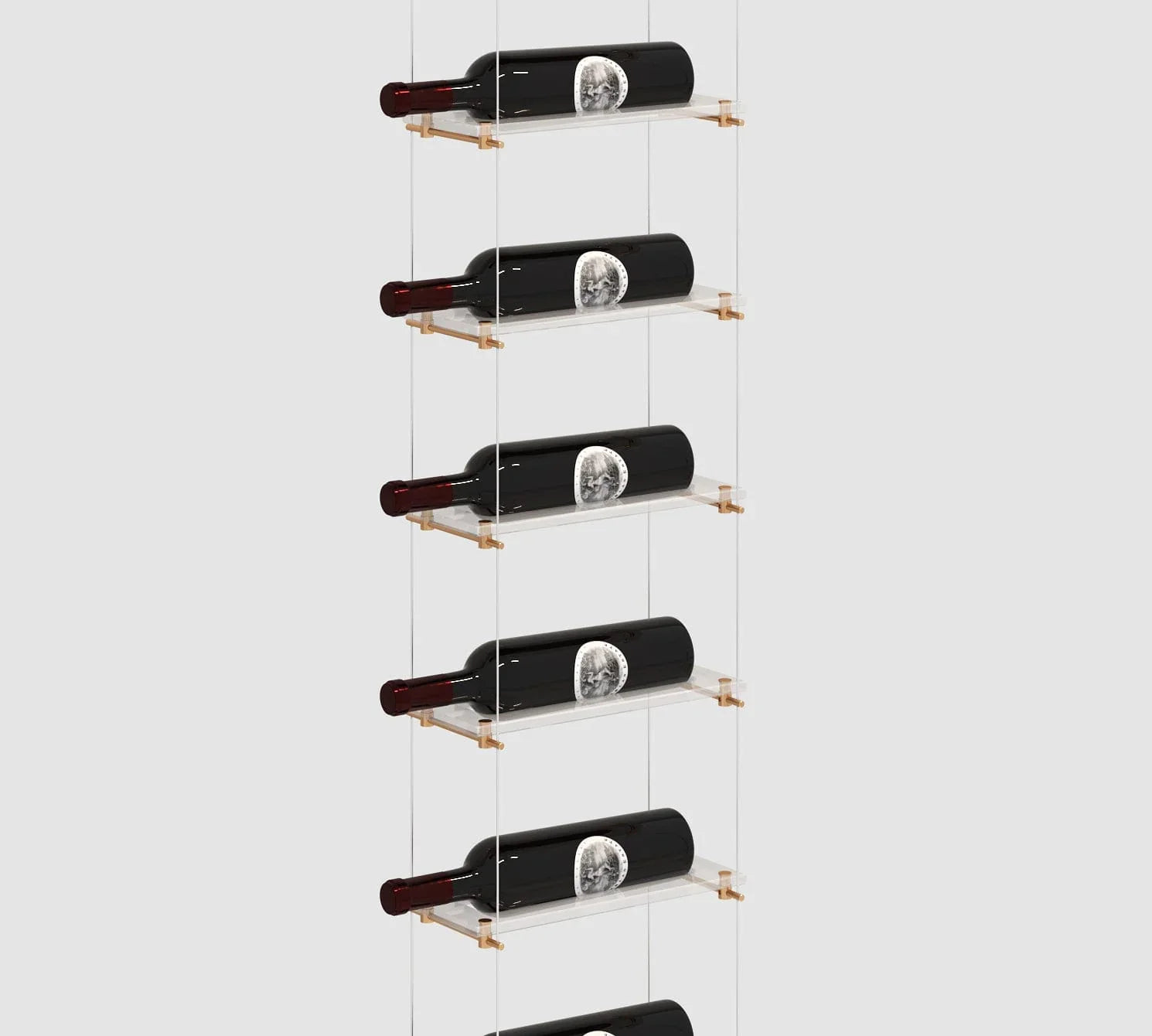 Lumina cable wine display in a floating floor-to-ceiling configuration with a minimalist silver finish and airplane-grade steel cables.