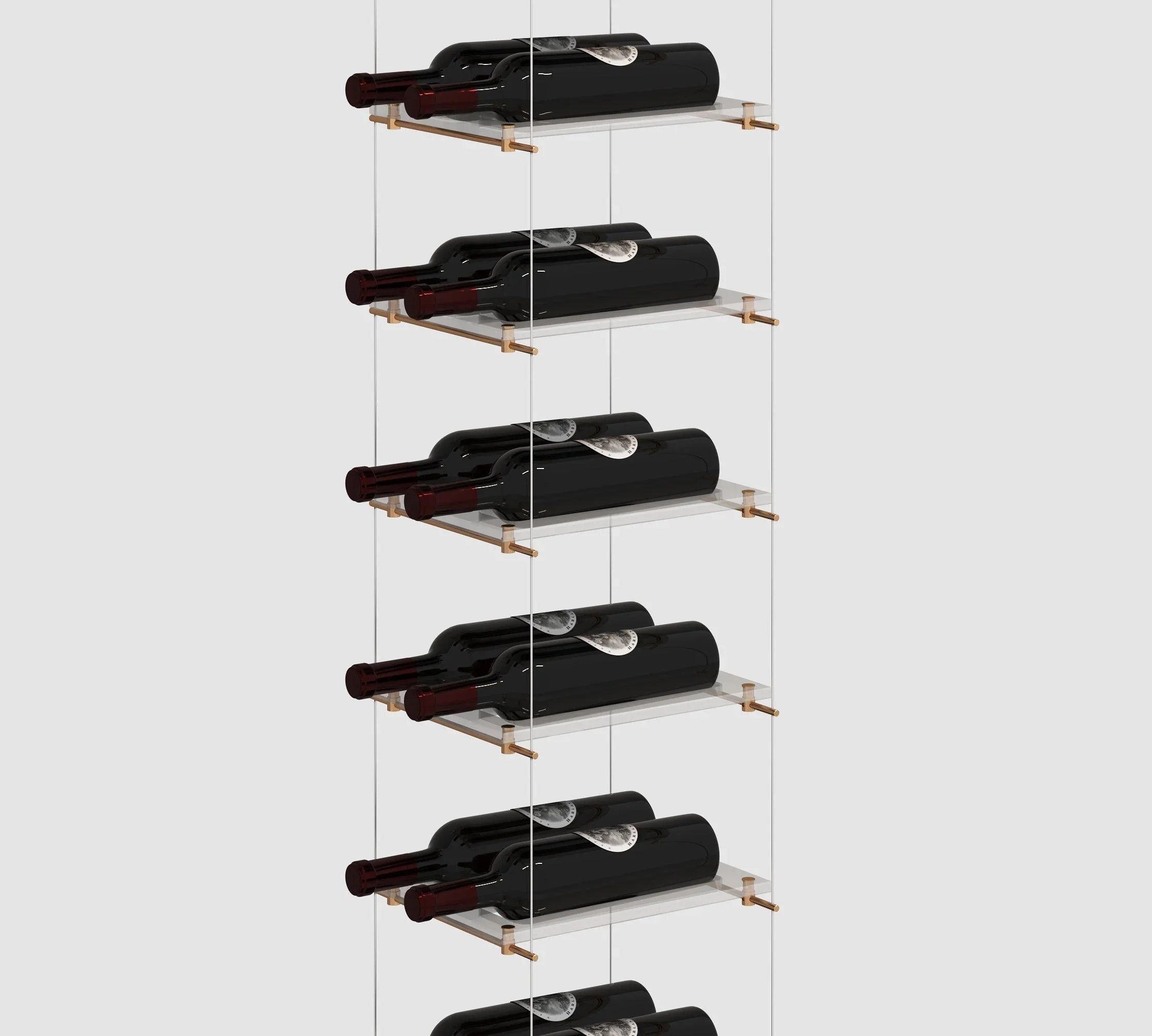 Lumina cable wine display showcasing vertical storage density with precision-milled aluminum hardware. This floating rack system highlights the secure, contemporary storage of wine bottles using a high-strength tension cable kit.