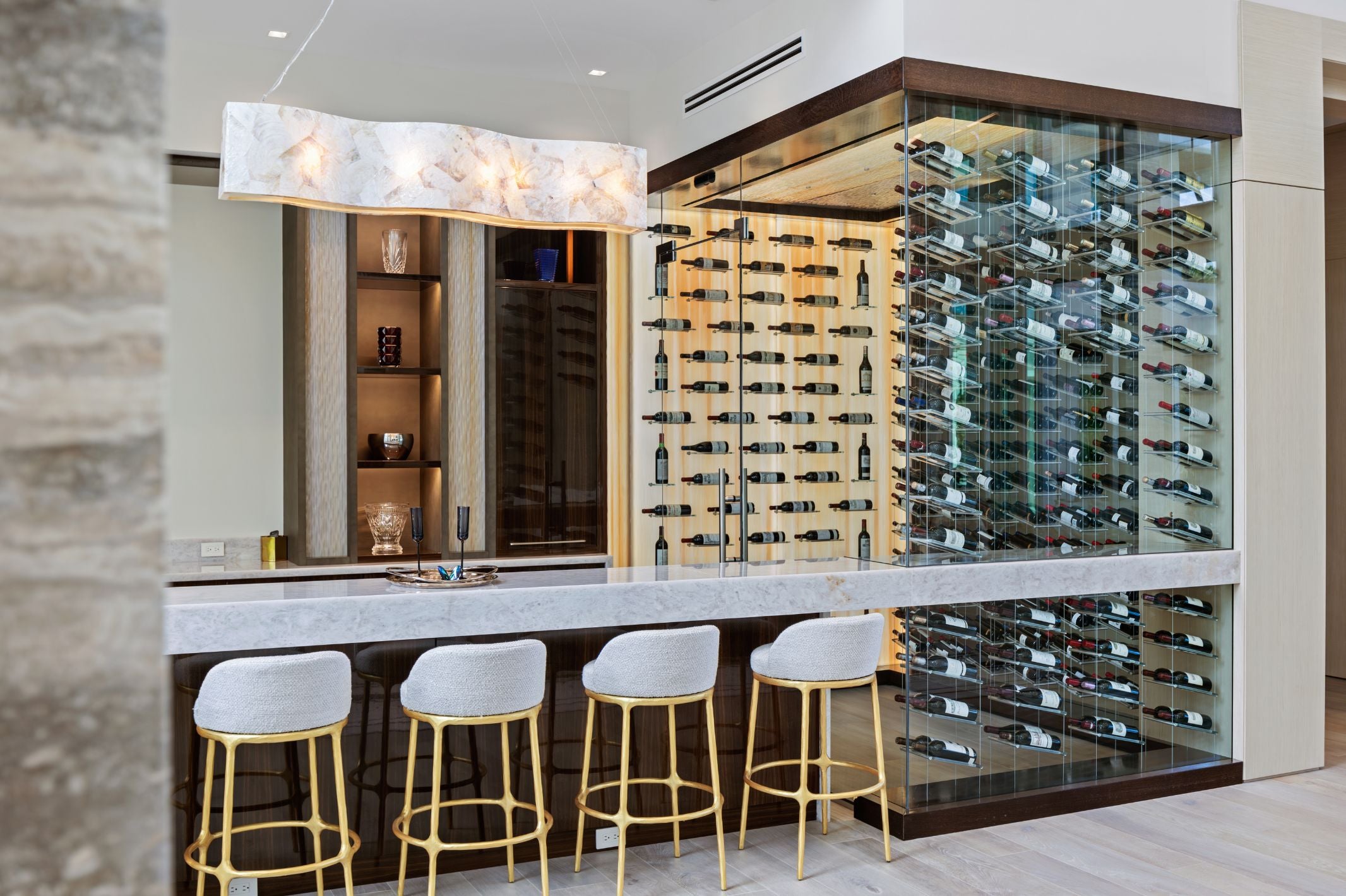 Contemporary wine display with Lumina cable wine rack designed by Genuwine Cellars