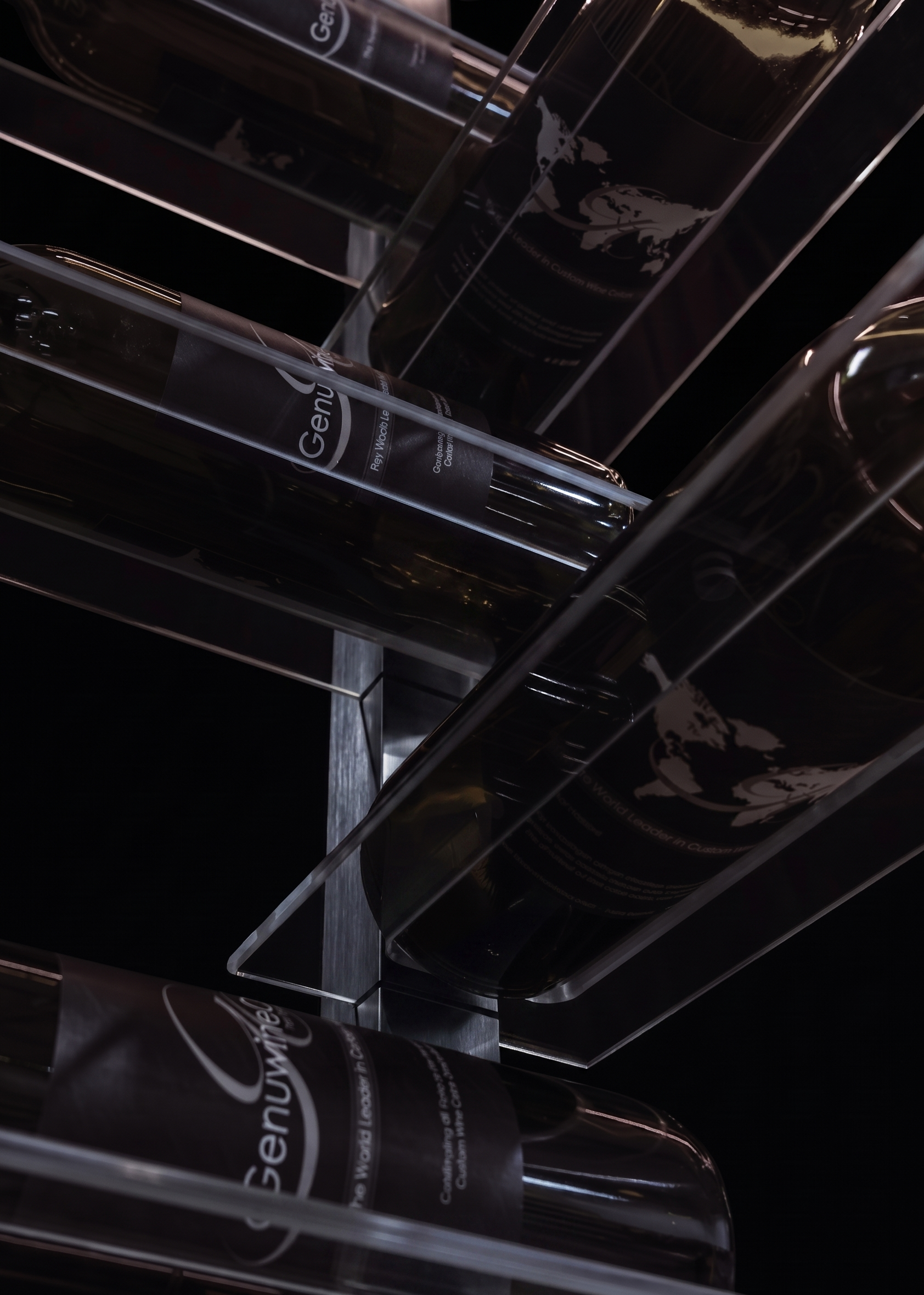 Set of clear acrylic shelves on a black premium wine rack with a black background