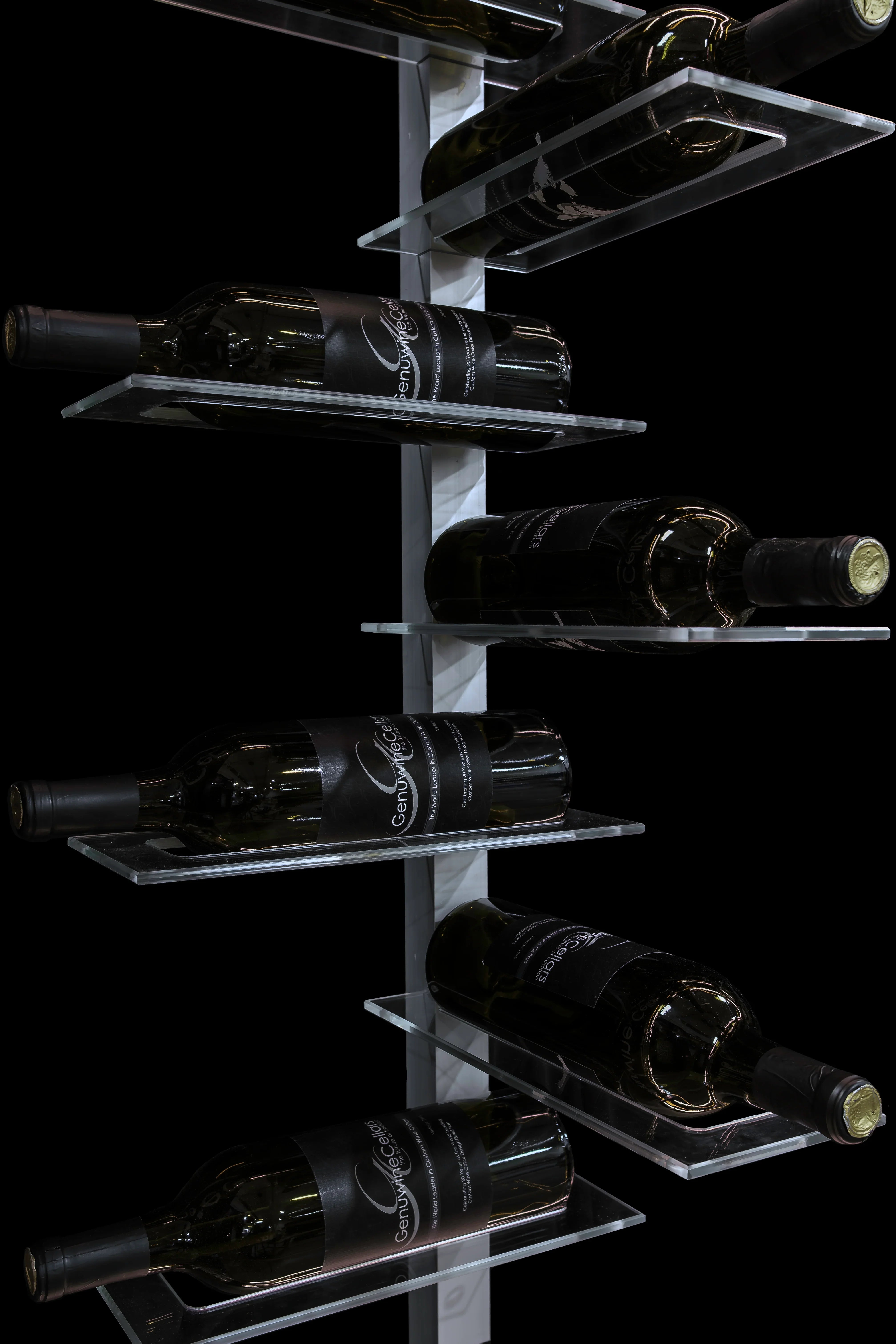 Set of clear acrylic shelves on a silver premium wine rack with a black background