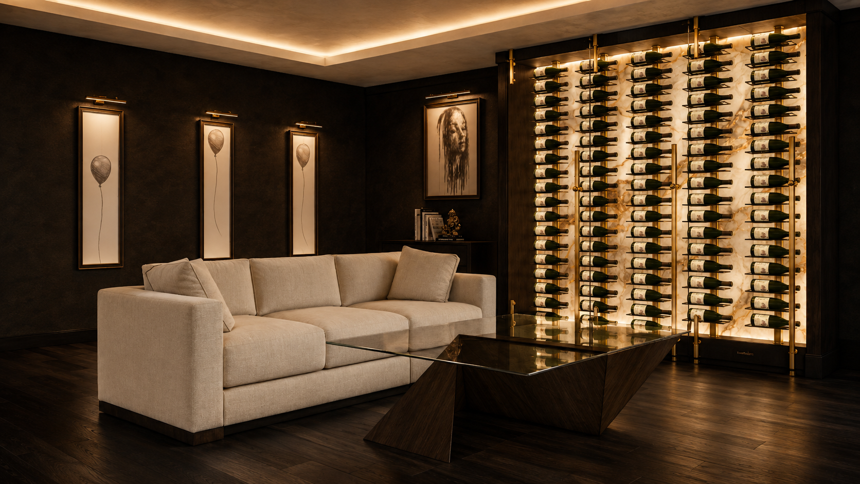 OPUS Collection - Gold Floating Wine Rack  6' / Cork Forward / 3000K  Genuwine Cellars Reserve