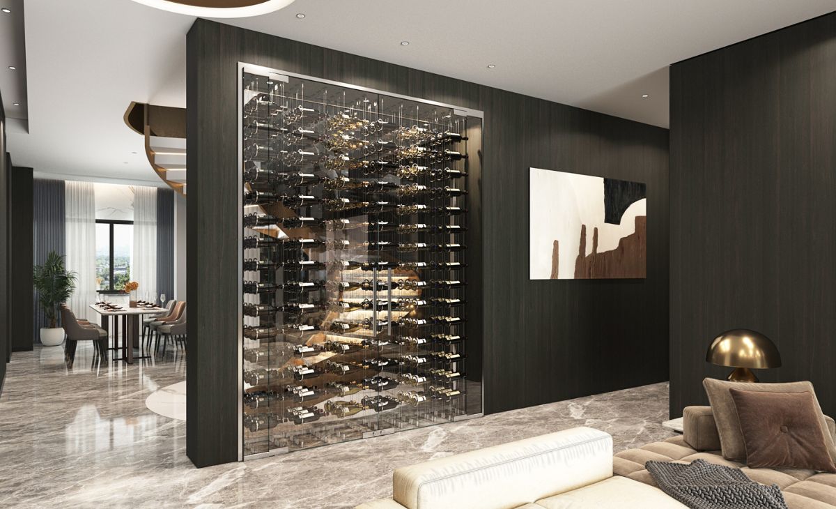 wine wall between living room and kitchen - Genuwine Cellars Reserve design