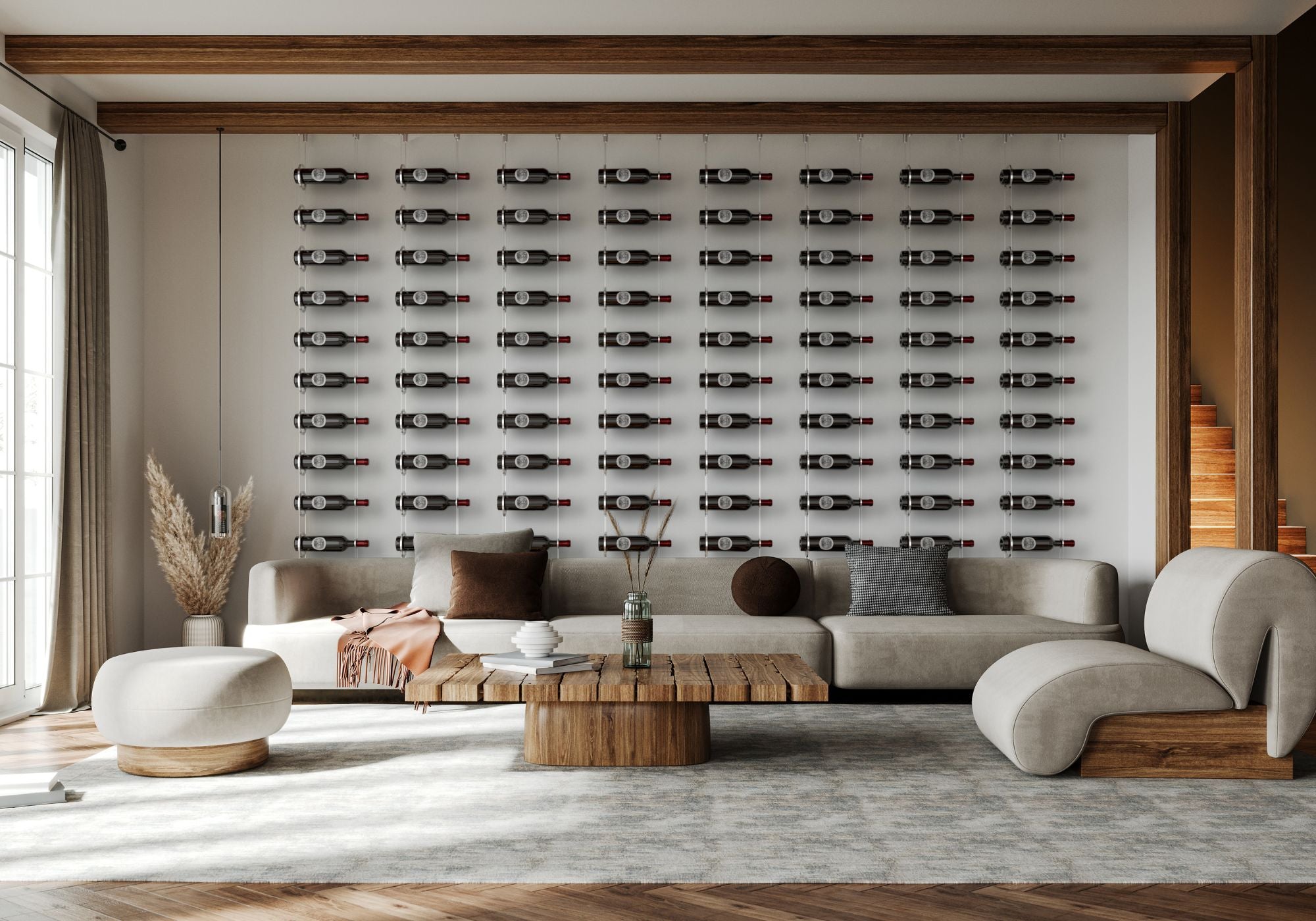 Modern living room with floating wine rack display