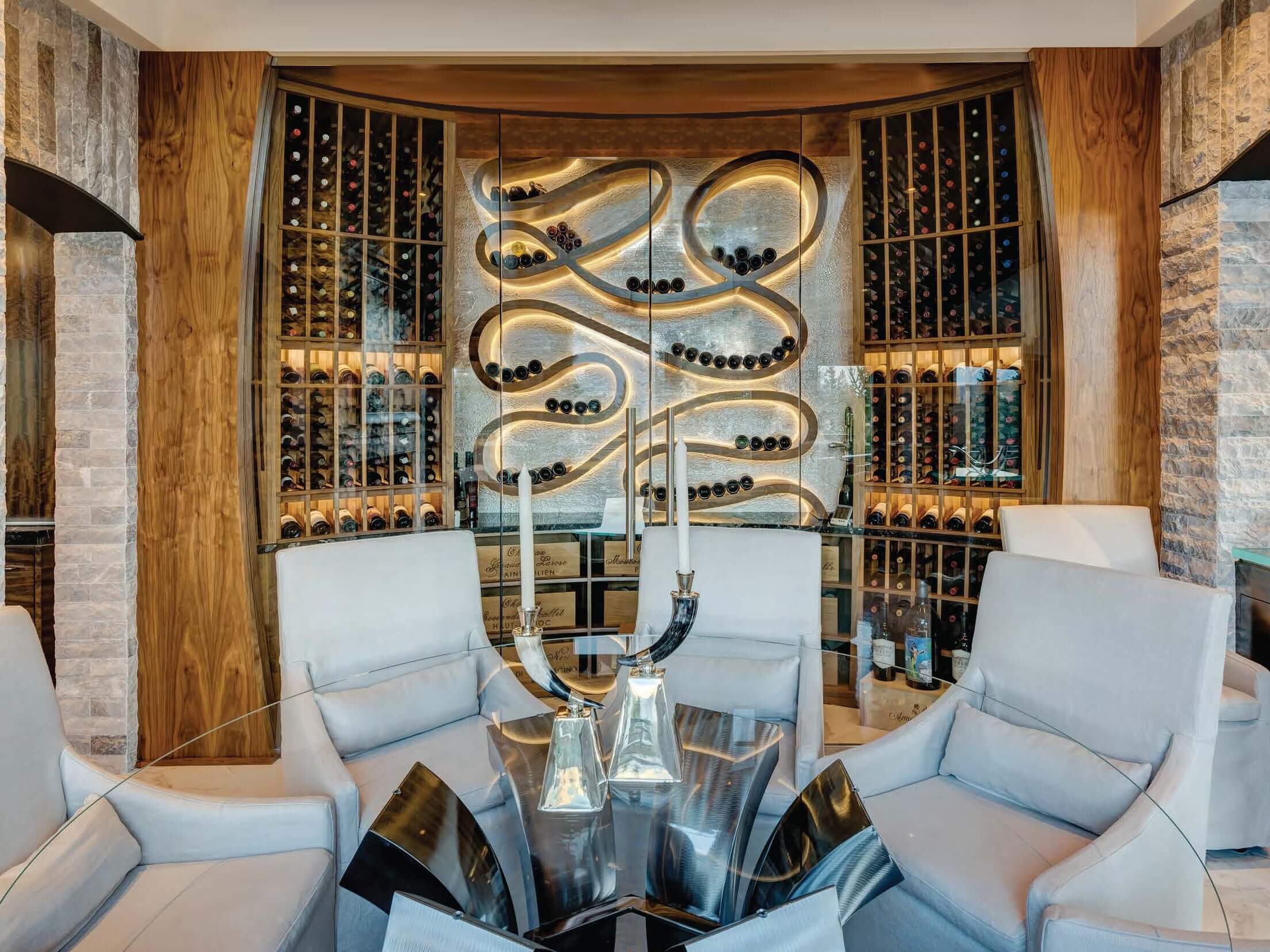 custom wine cellar design made from walnut wood livivng room