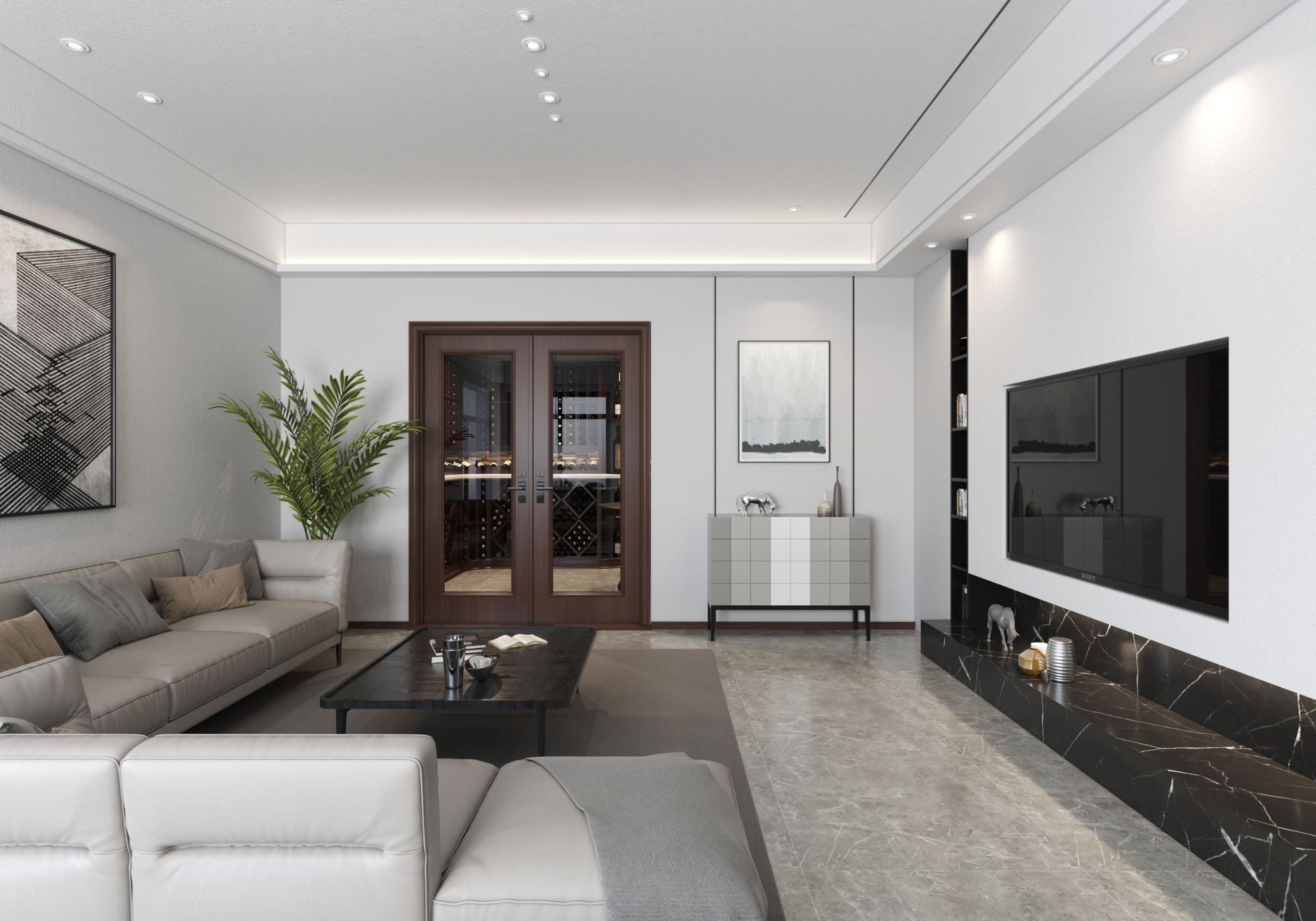modern living room with the wine cellar entrance doors - Genuwine Cellars Reserve