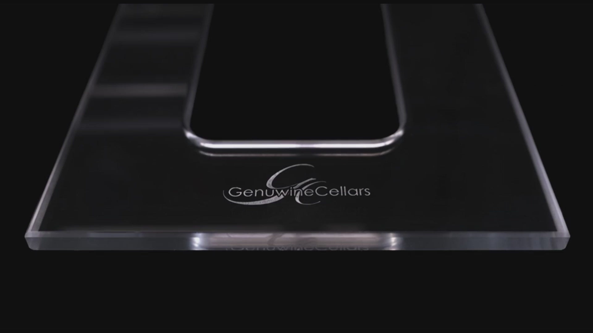 Set of clear acrylic shelves on a black premium wine rack with a black background