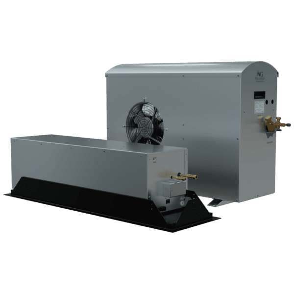 A silver metallic wine cellar cooling unit with a split system