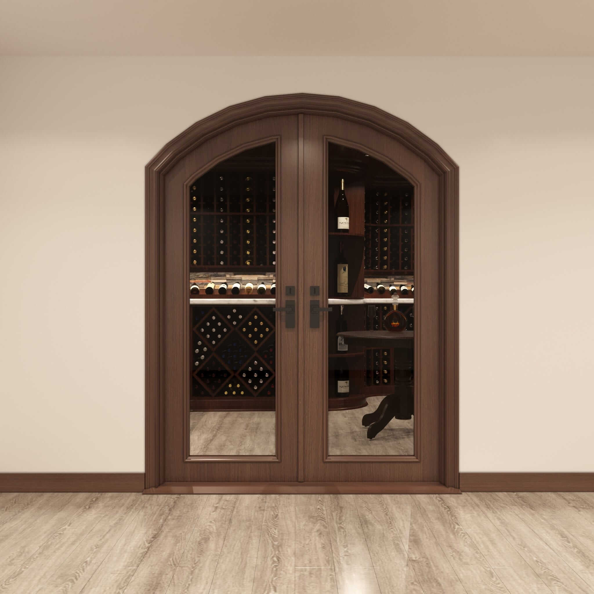wooden arched wine cellar doors designed by Genuwine Cellars 