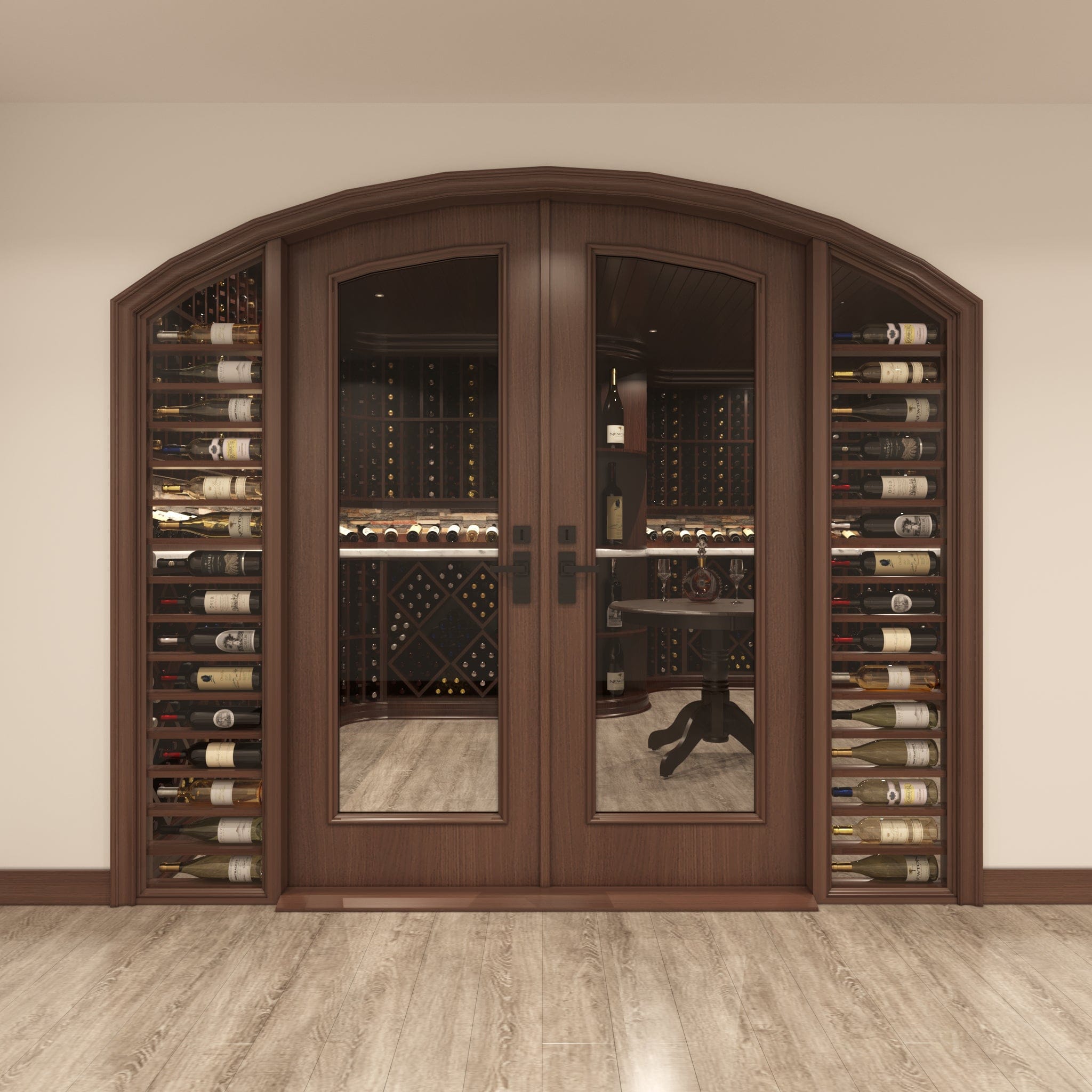 Full Glass Double Arched Cellar Door, 2 Sidelights w/ Horizontal Displays