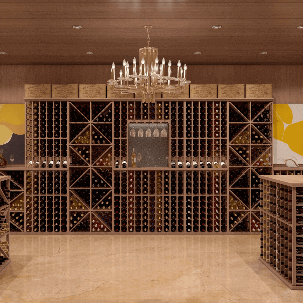 solid wood modular wine rack in traditional wine cellar